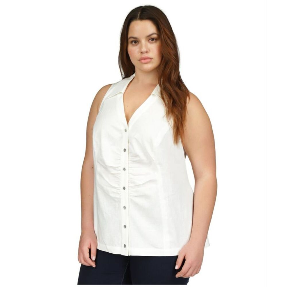 Michael Kors Womens Button Front Linen Sleeveless Blouse Top, , Plus Size, 1X...